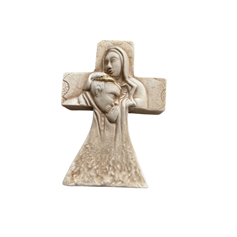 Holy Family Pieta Ceramic Double Sided Standing Cross Religious Statue Gold Trim